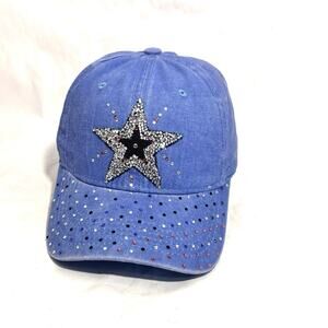 Handmade Denim Blue Rhinestone Hip Hop style Streetwear Bling Baseball Cap Hat